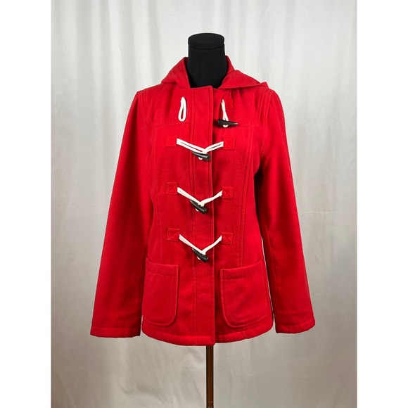 Juniors‎ Fleece Red Duffle Coat Hood Sz Large - Picture 1 of 7